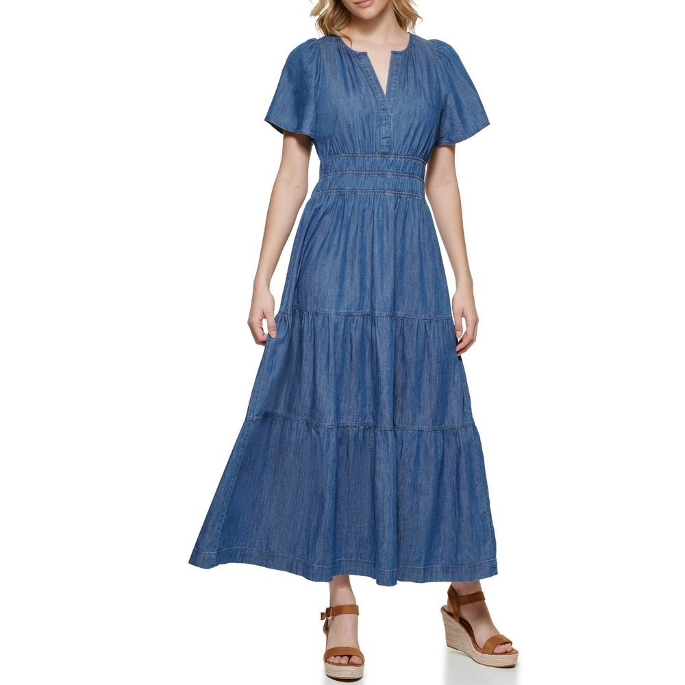 Tommy Hilfiger Denim Chambray Maxi Dress Womens 8 Blue Tiered Smocked V Neck